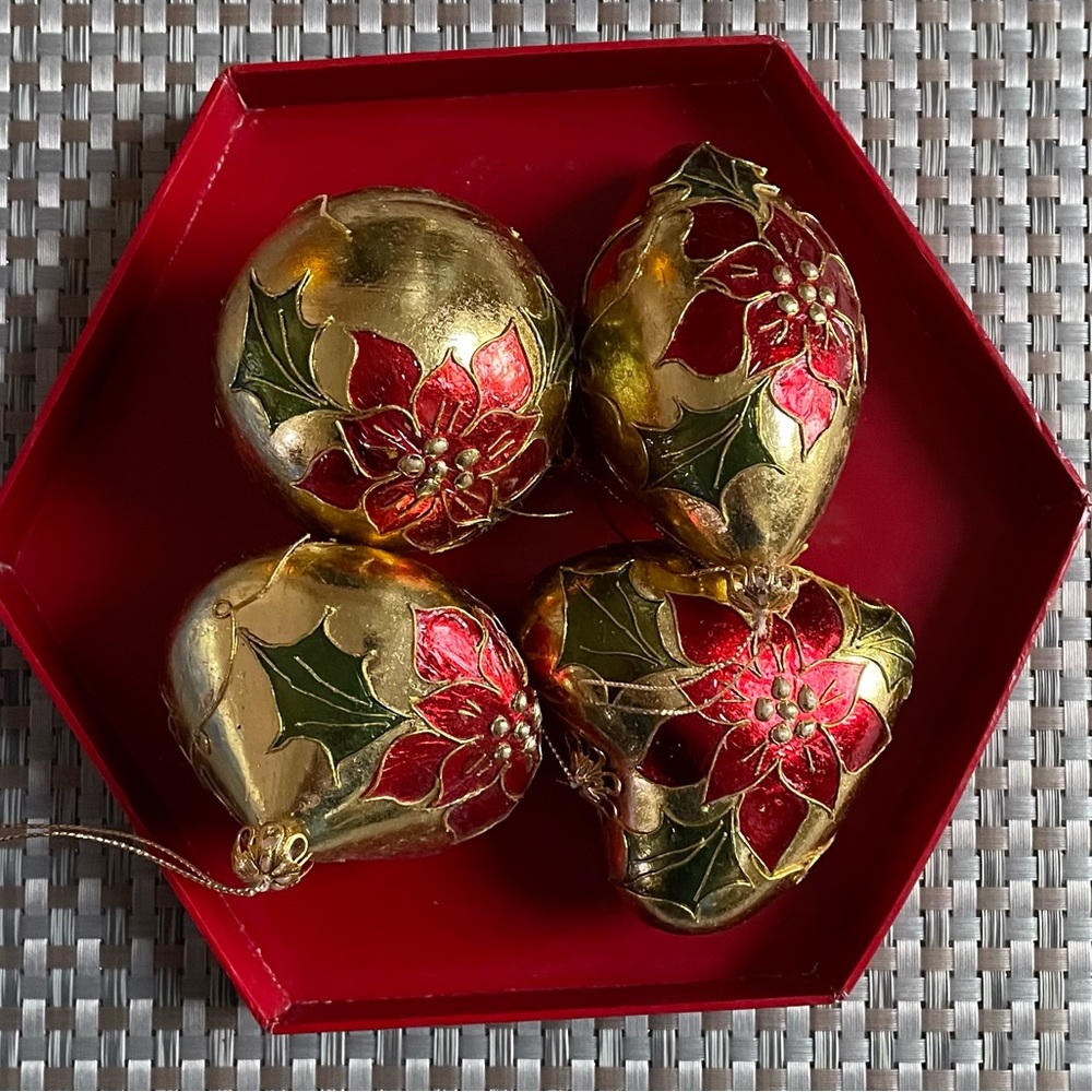 Gold & Red Floral Poinsettia Ornaments